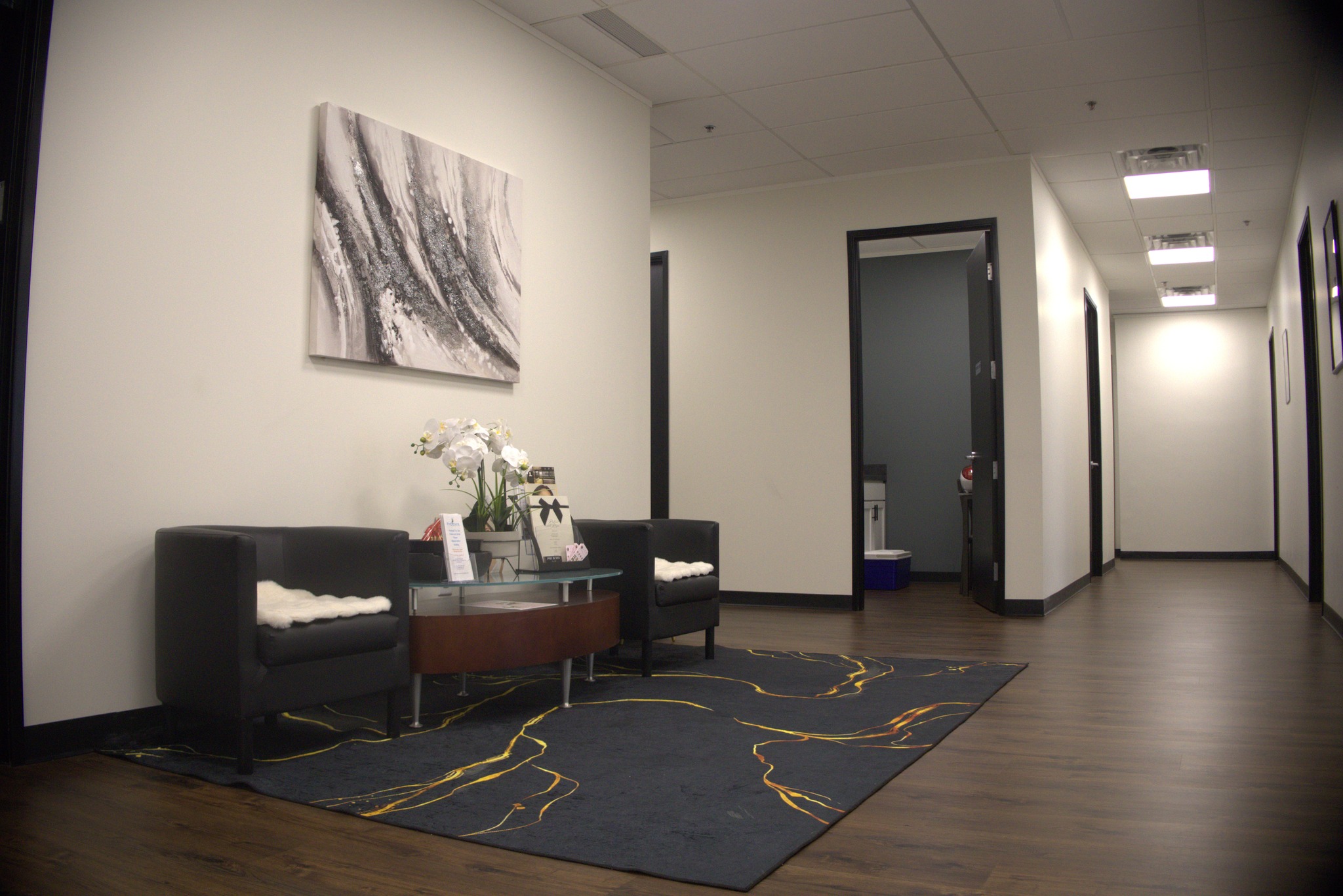 Modern waiting area with comfortable seating and elegant decor